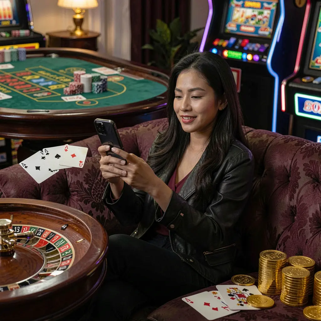 Q633 App – A seamless and immersive mobile casino experience for players in the Philippines Stylish Filipino woman enjoying the Q633 casino app on her phone with floating gold coins roulette and poker cards around her