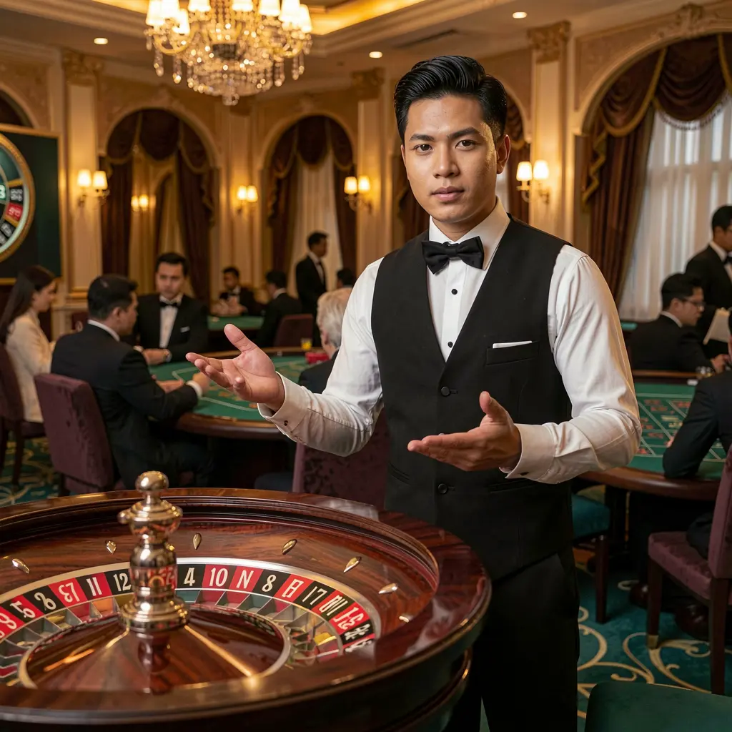 Q633 – Discover immersive live dealer games for players in the Philippines Elegant live casino host gesturing towards a roulette table in a luxury gaming hall highlighting the premium live casino experience at Q633 Philippines