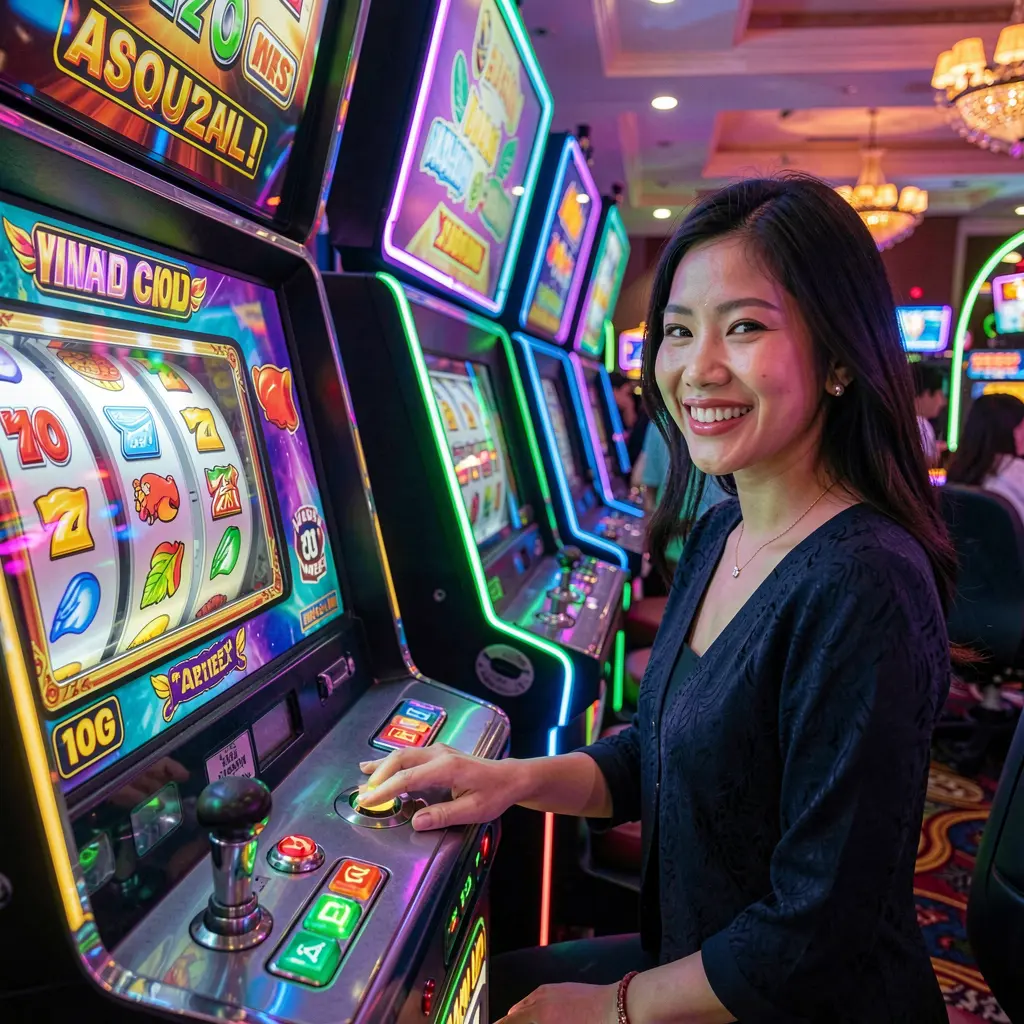 Q633 Slots – Enjoy vibrant slot gameplay designed for Filipino players Happy Filipino woman playing a modern slot machine with bright reels and neon casino lights inside the Q633 online gaming platform